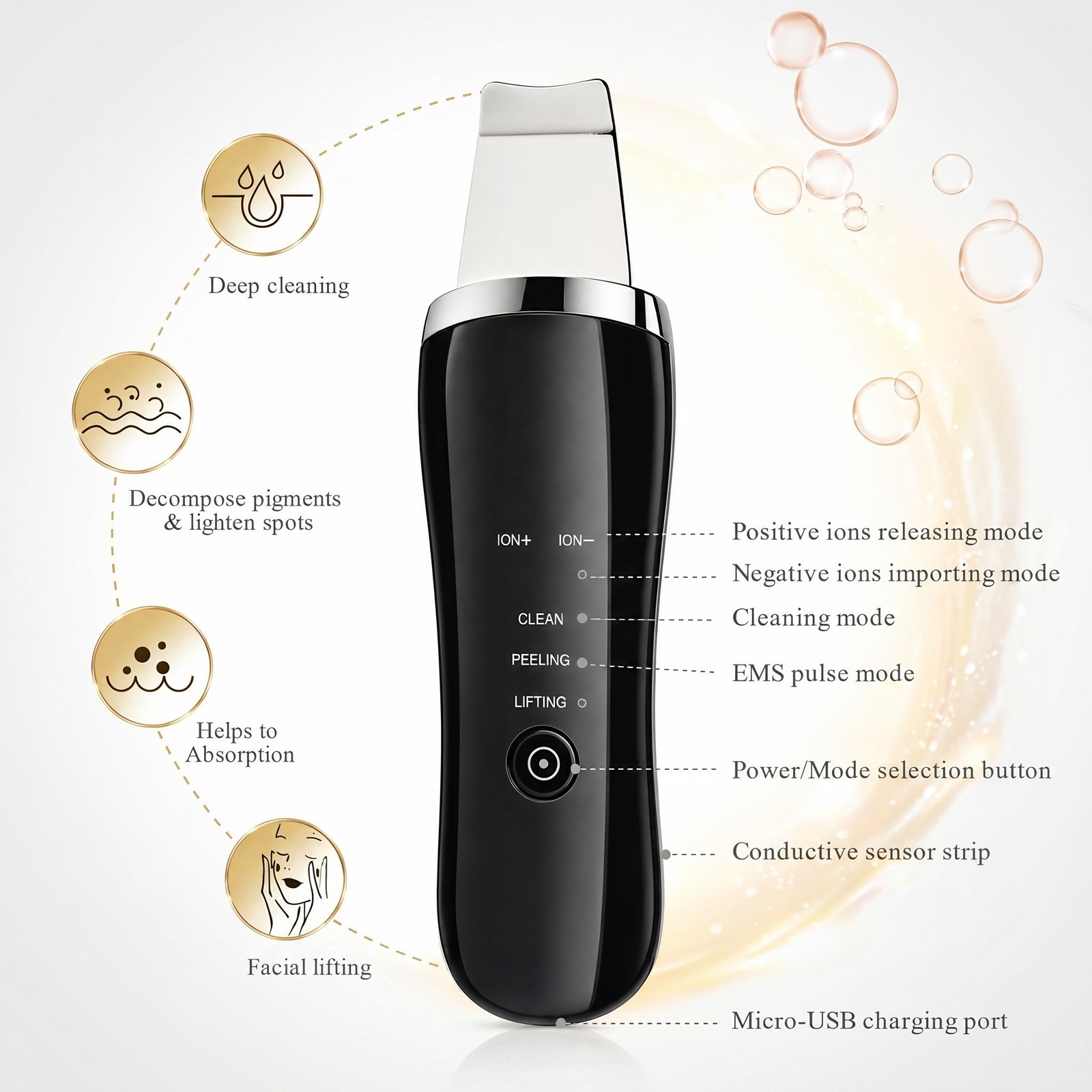 Electric Ultrasonic Skin Scrubber Face Spatula Home Ultrasonic Skin Scrubber Facial Cleaner Handheld Mini Derma Galvanica Tightening Face Scrubber Machine Skin Scrubber USB Ultrasonic - Image 6
