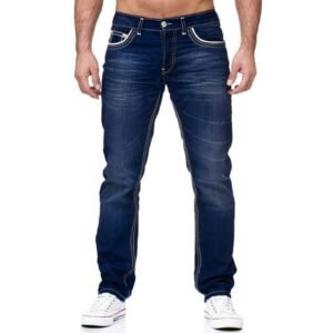 Men Jeans With Pockets Straight Pants Business Casual Daily Streetwear Trousers Men’s Clothing