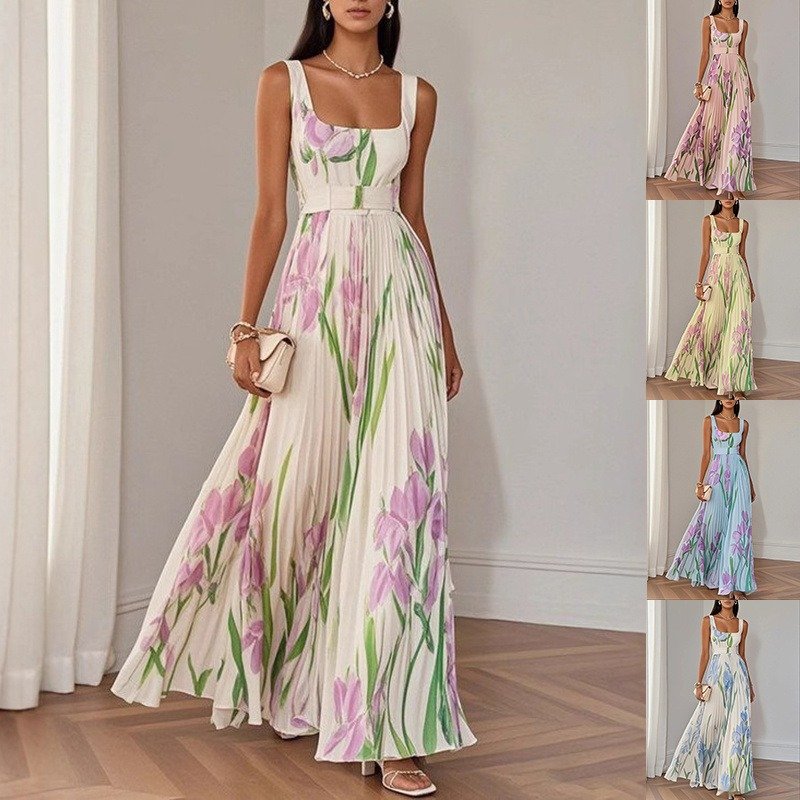 Floral Print Pleated Dress Summer A-Line Sleeveless Midi Dresses Women’s Clothing - Image 2