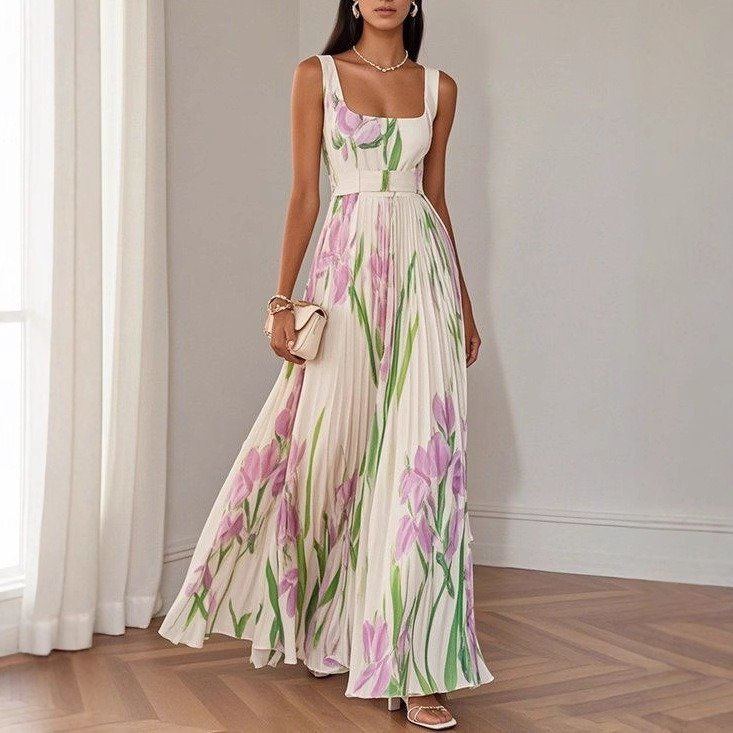Floral Print Pleated Dress Summer A-Line Sleeveless Midi Dresses Women’s Clothing - Image 4